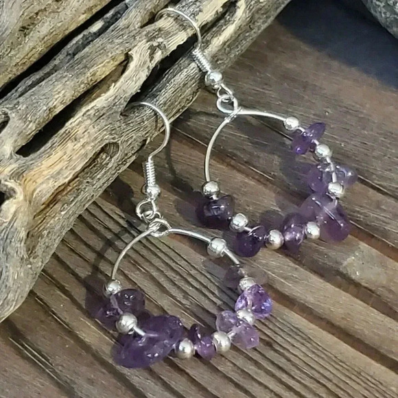 Hand Crafted Baroque Amethyst Gemstone Sterling Silver Plated Beads Earrings - Picture 5 of 7